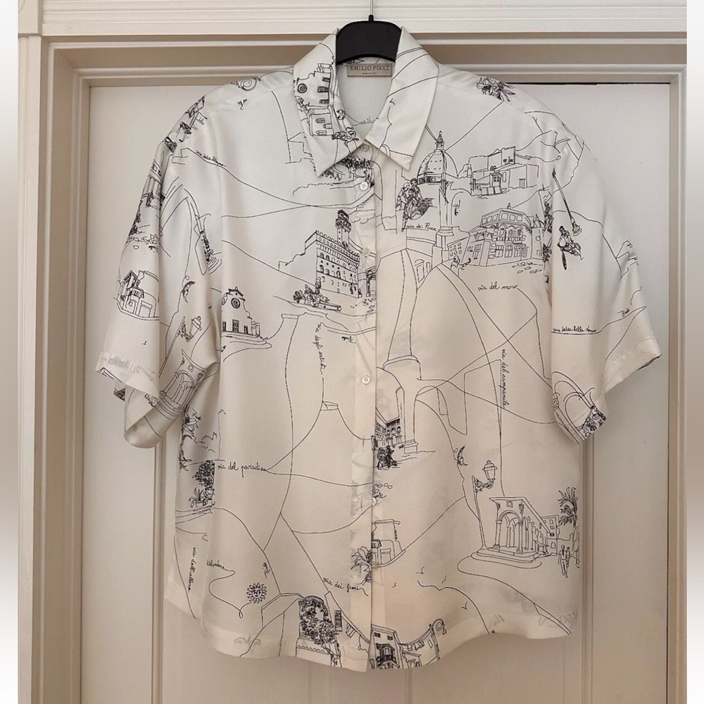 Emilio Pucci Scorci Fiorentini Print Black & White Short Sleeve Blouse Size 44